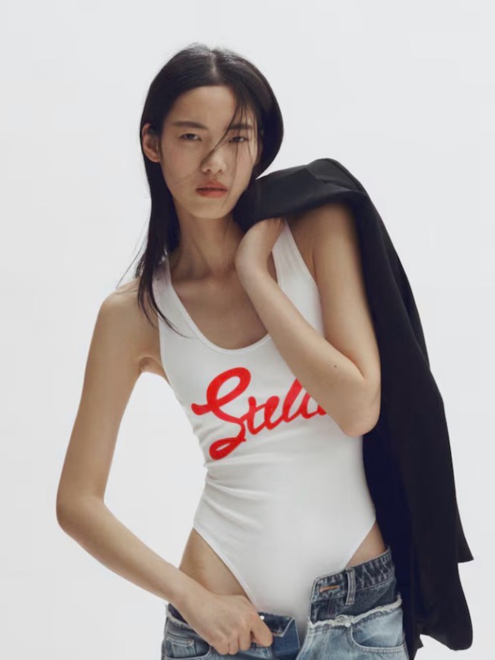 Stella McCartney White Logo Scoop-Neck Bodysuit with Red Script
